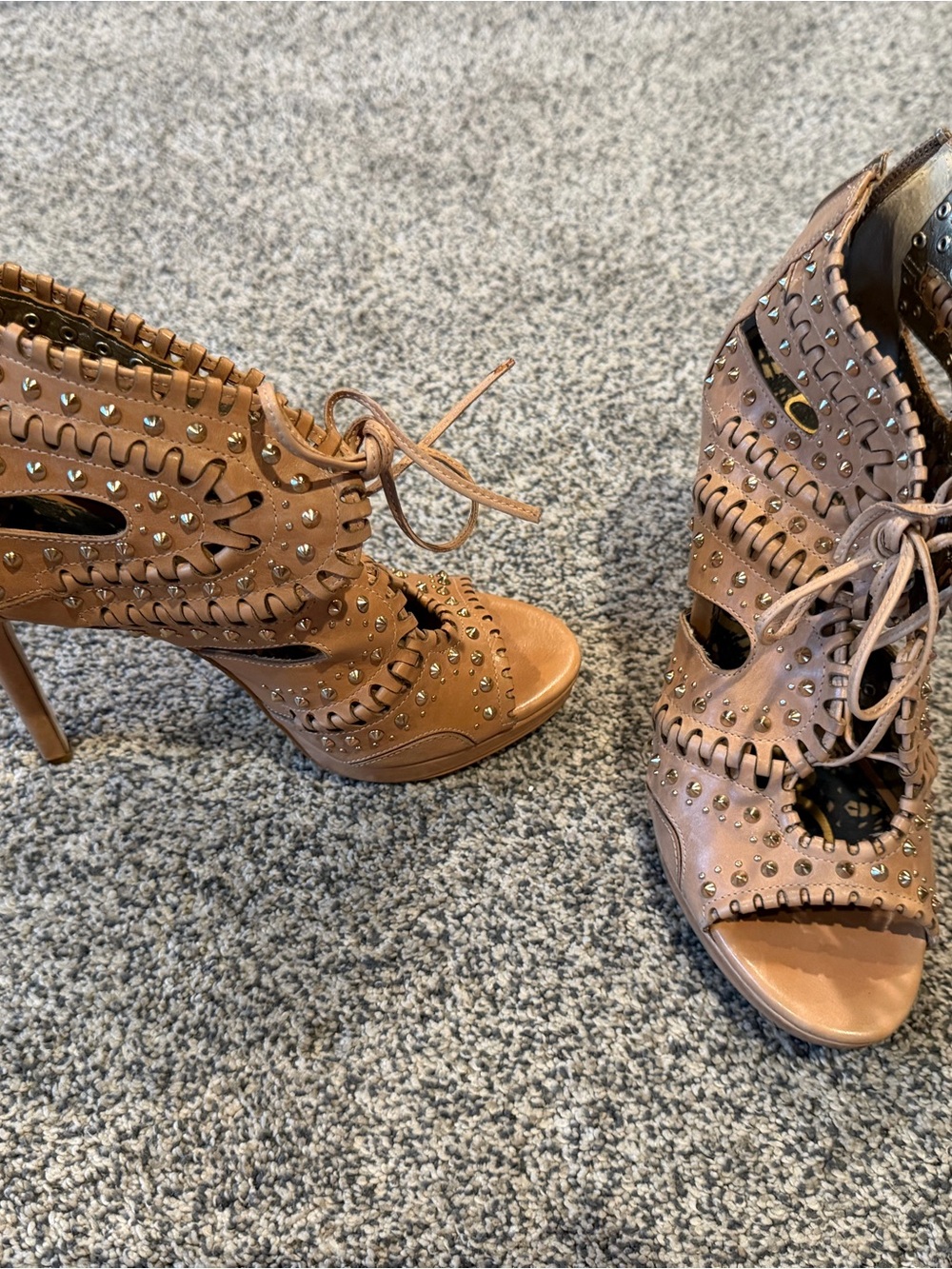 Sam Edelman Tan Lace-Up Cutout Studded High-Heel Sandals